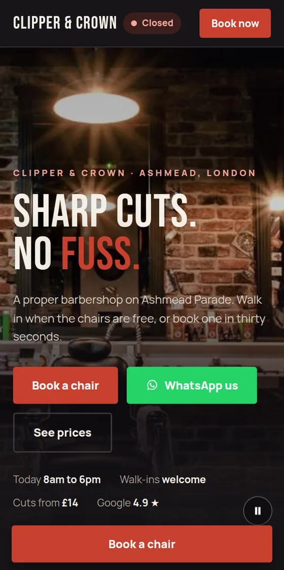 The Clipper and Crown booking site on a phone
