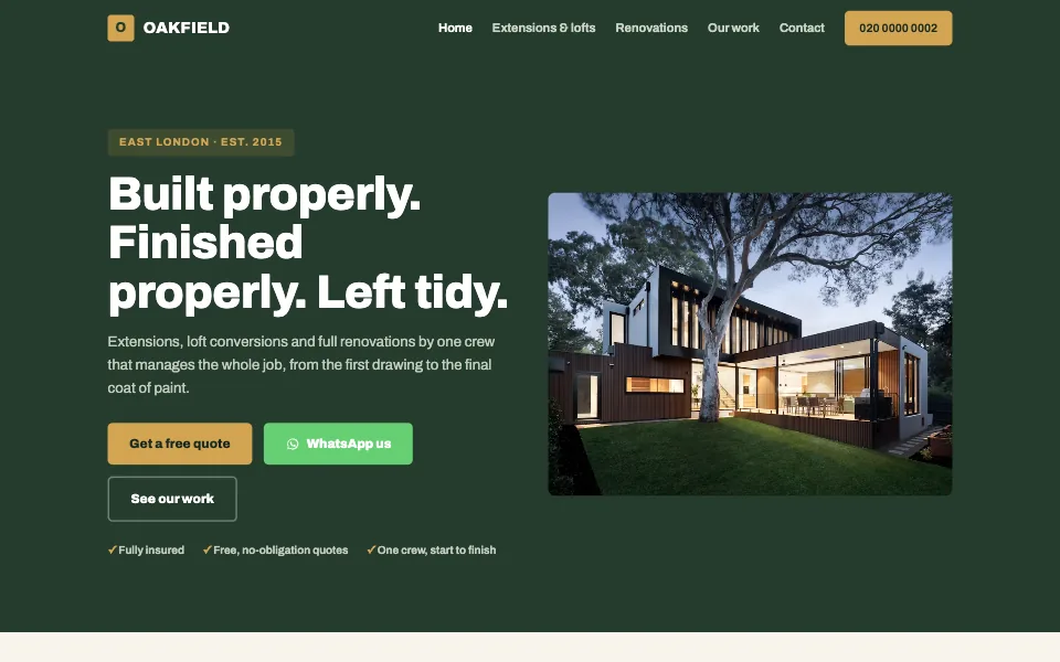 The Oakfield worked example site, home page