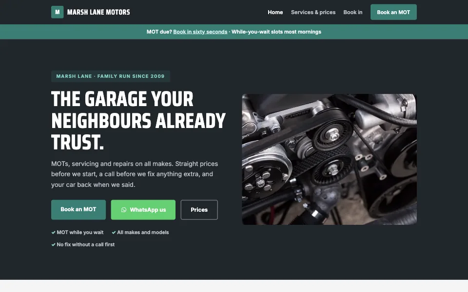 The Marsh Lane Motors worked example site, home page