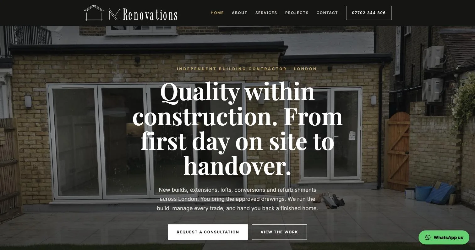 The M Renovations home page on a desktop screen