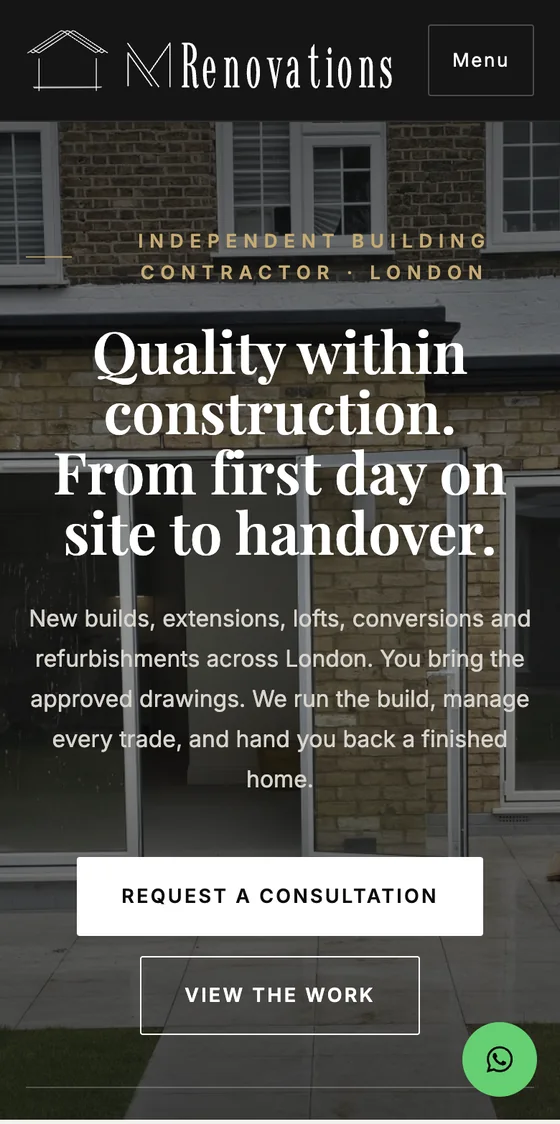 The M Renovations home page on a phone