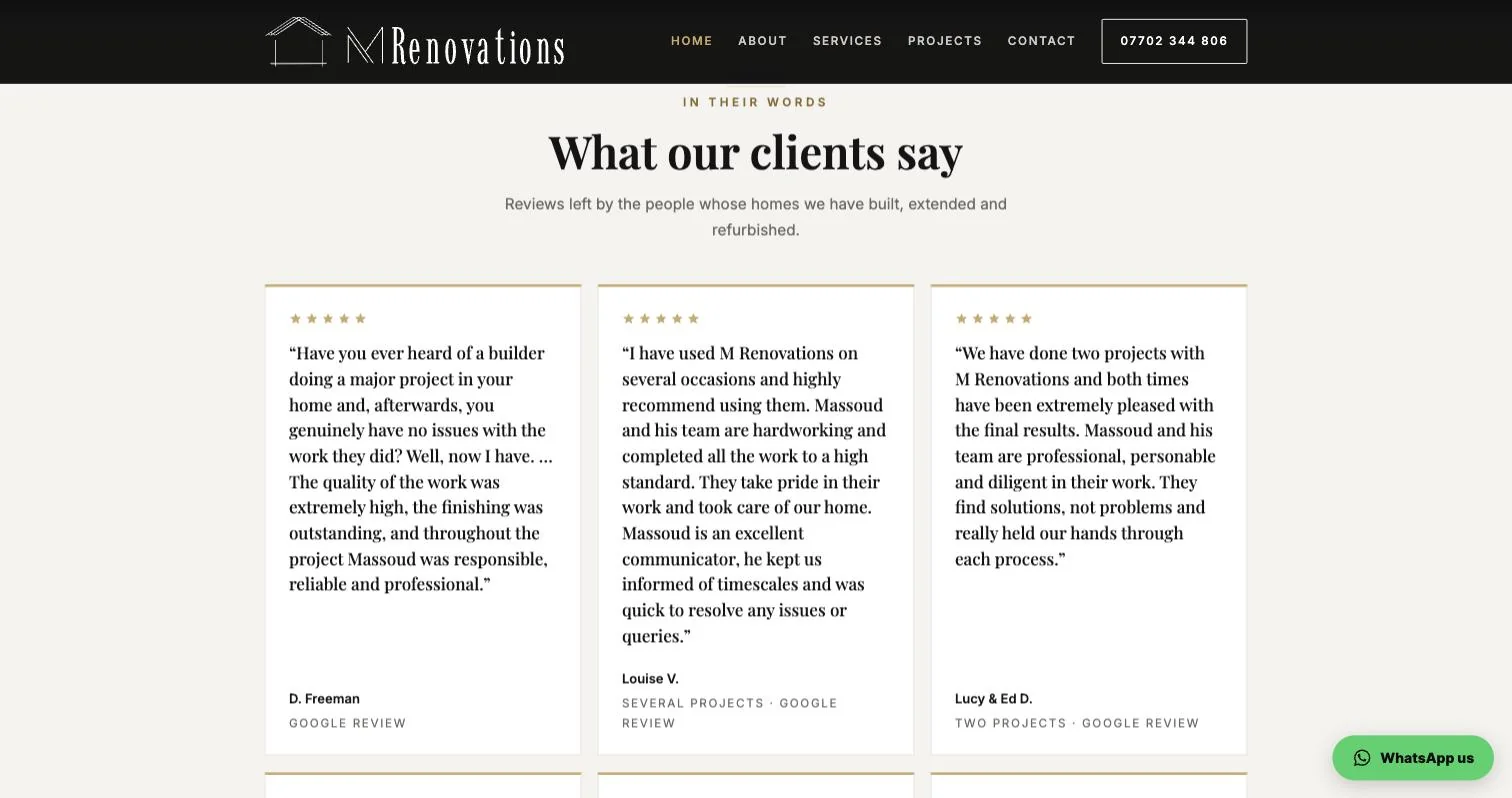 Google reviews from M Renovations clients shown on their home page