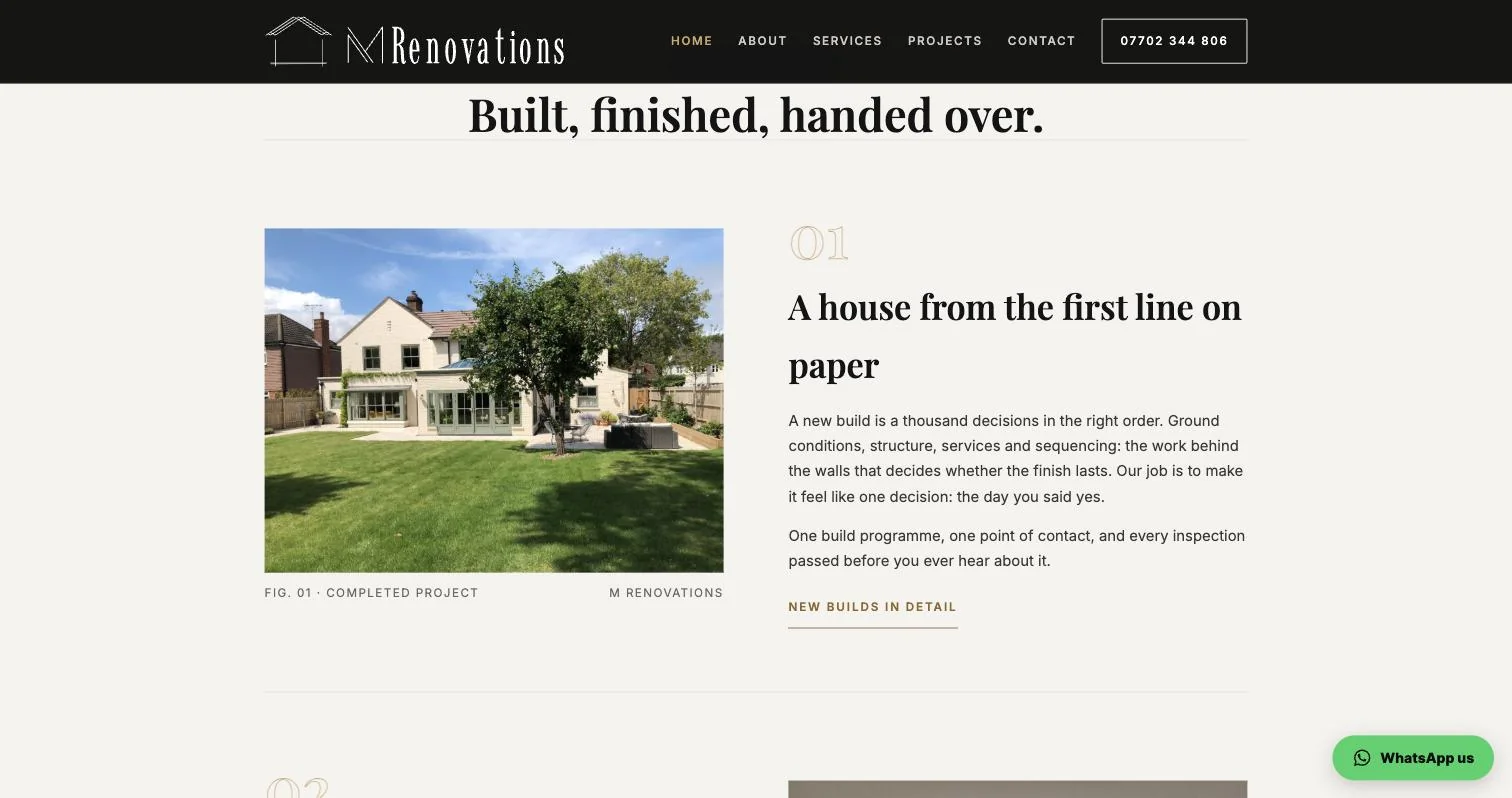 A completed new build shown on the M Renovations home page, beside a short description of how they run new builds