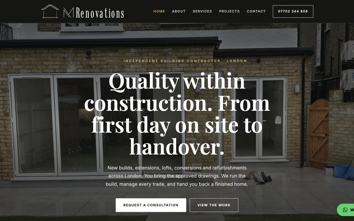 The M Renovations home page, a live client site