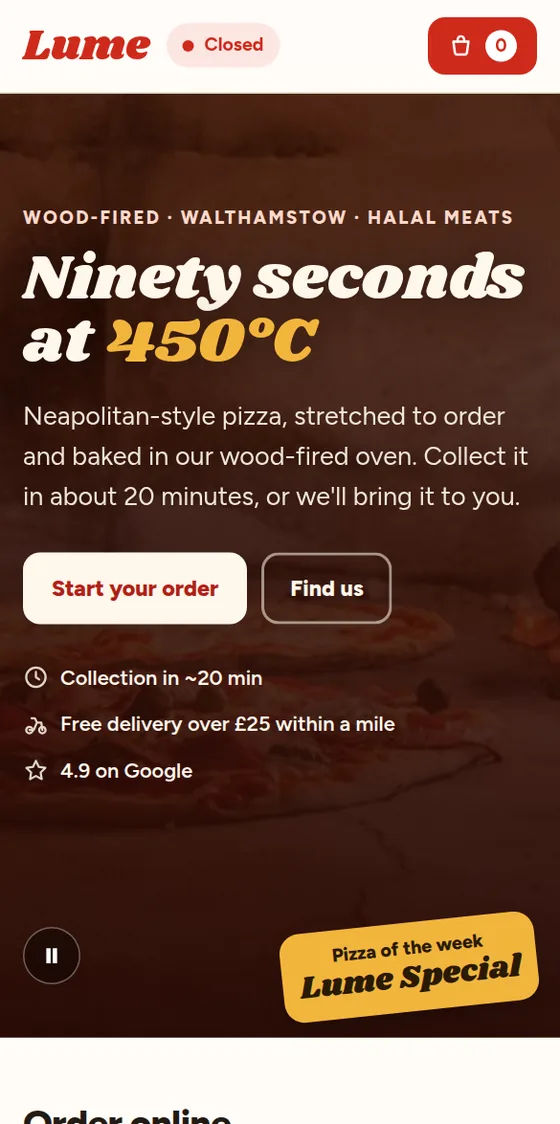 The Lume Pizza ordering site on a phone