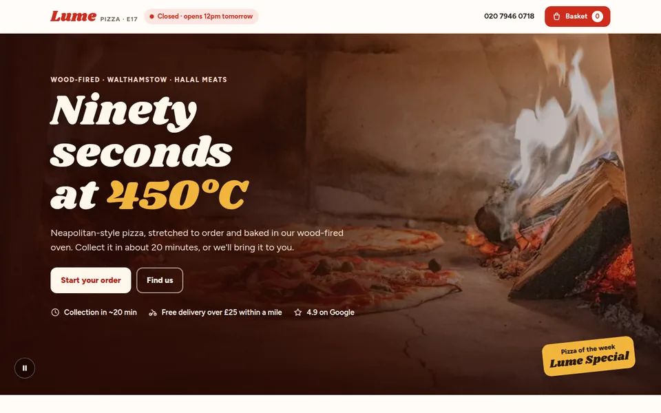 The Lume Pizza worked example, with online ordering